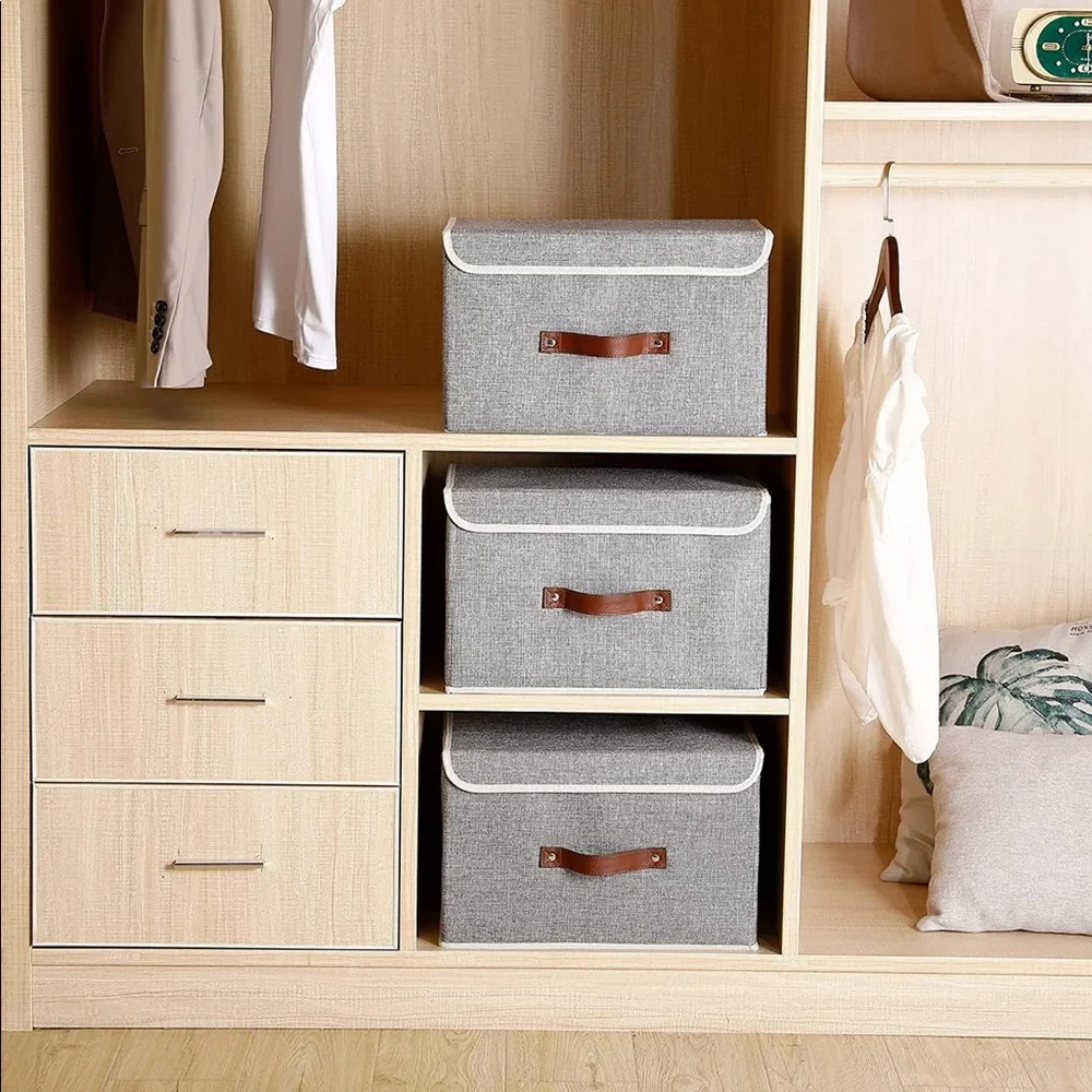 3 Large Foldable Storage Bins with Leather Handles J